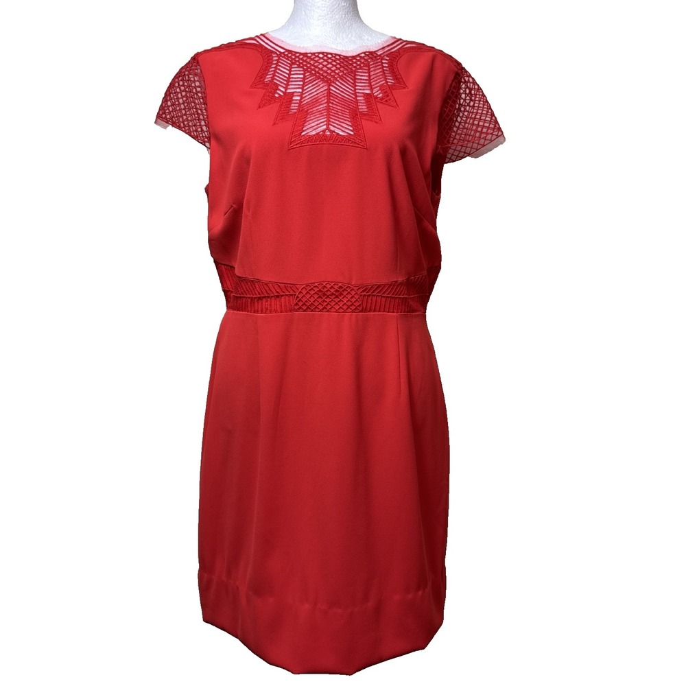 Antonio Melani Red Sheath Dress Geometric Crochet Lace‎ Overlay Capsleeve Size 6